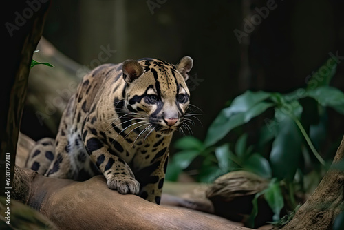 Clouded leopard walking on rocks in a zoo in daylight