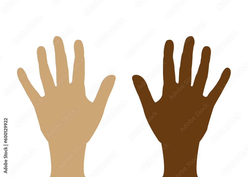 Hands illustration. Hand of a white person and the hand of an African American. Arms, palms, fingers. European and Negroid race. Diversity. Two hands isolated on white background. Global equality Hands illustration. Hand of a white person and the hand of an African American. Arms, palms, fingers. European and Negroid race. Diversity. Two hands isolated on white background. Global equality