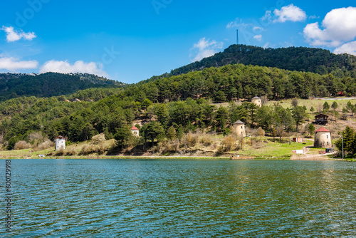 Fototapeta Naklejka Na Ścianę i Meble -  Cubuk Lake in Goynuk District of Bolu, Turkey.  Beautiful lake view with windmills.
