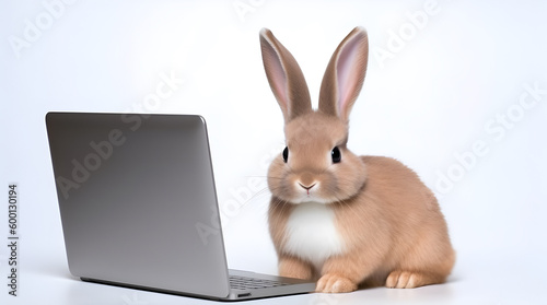 Cute bunny with laptop. Concept of hardworking pet.