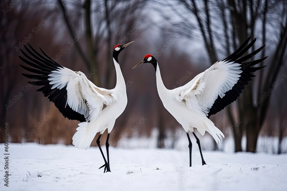 Dancing Cranes. The ritual marriage dance of cranes. The red-crowned crane. Scientific name: Grus japonensis, also called the Japanese crane or Manchurian crane. natural habitat. Japan Dancing Cranes. The ritual marriage dance of cranes. The red-crowned crane. Scientific name: Grus japonensis, also called the Japanese crane or Manchurian crane. natural habitat. Japan