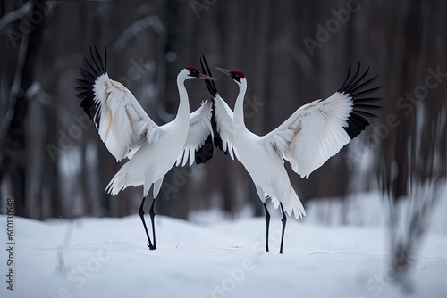 Dancing Cranes. The ritual marriage dance of cranes. The red-crowned crane. Scientific name: Grus japonensis, also called the Japanese crane or Manchurian crane. natural habitat. Japan