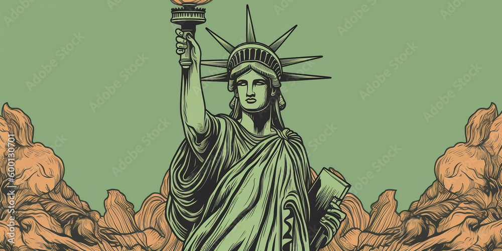 Obraz premium 4th of July United States Statue of Liberty background. United States of America Independence Day design template for banner, invitation, flyer, art nouveau style Generative ai