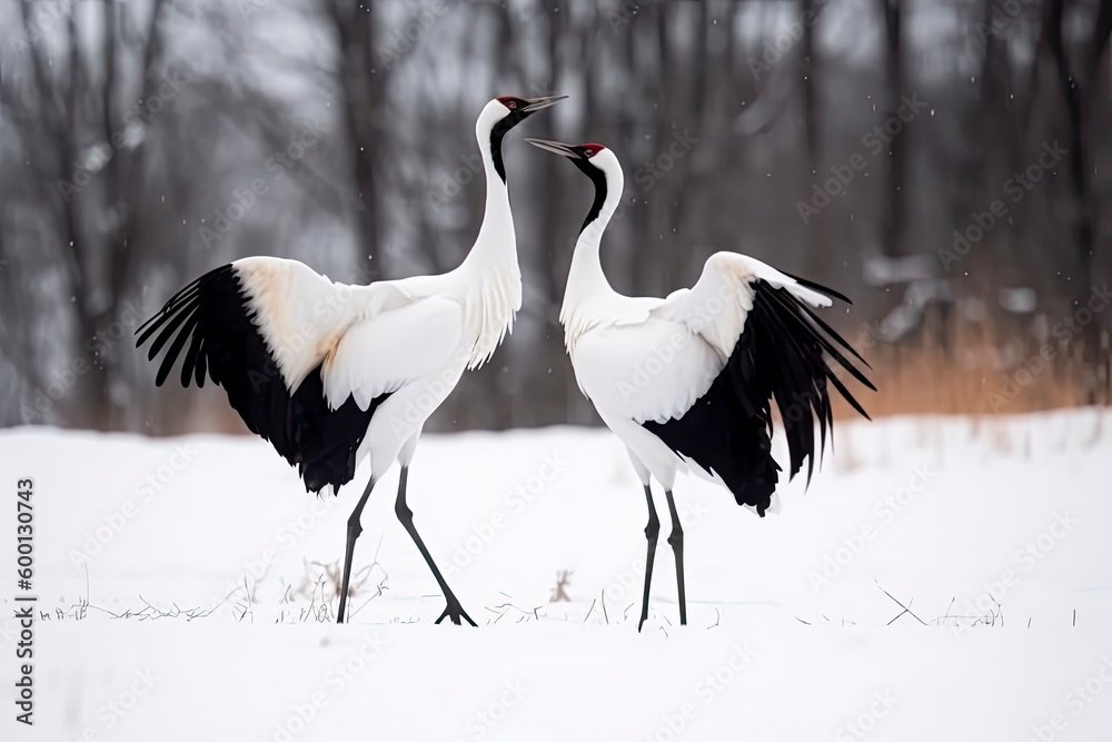 Obraz premium Dancing Cranes. The ritual marriage dance of cranes. The red-crowned crane. Scientific name: Grus japonensis, also called the Japanese crane or Manchurian crane. natural habitat. Japan