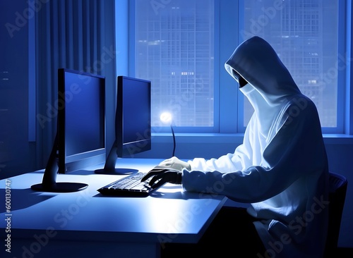 Modernized hacker with hoodie. Concept of dark web, cybercrime, cyberattack. AI generated image