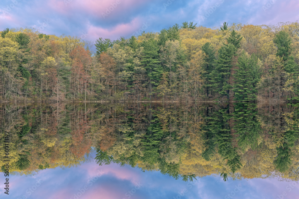 Spring landscape at dawn of the shoreline of Hall Lake with mirrored reflections in calm water, Yankee Springs State Park, Michigan, USA