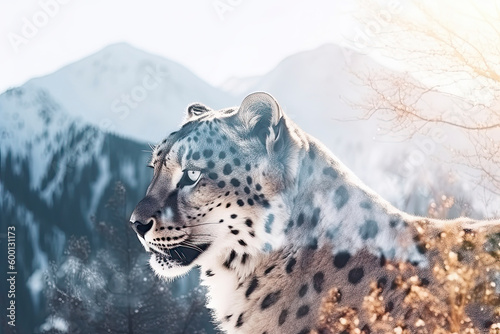 Double exposure of snow Leopard and frozen forest with snowfall and sunny mountains behind © surassawadee
