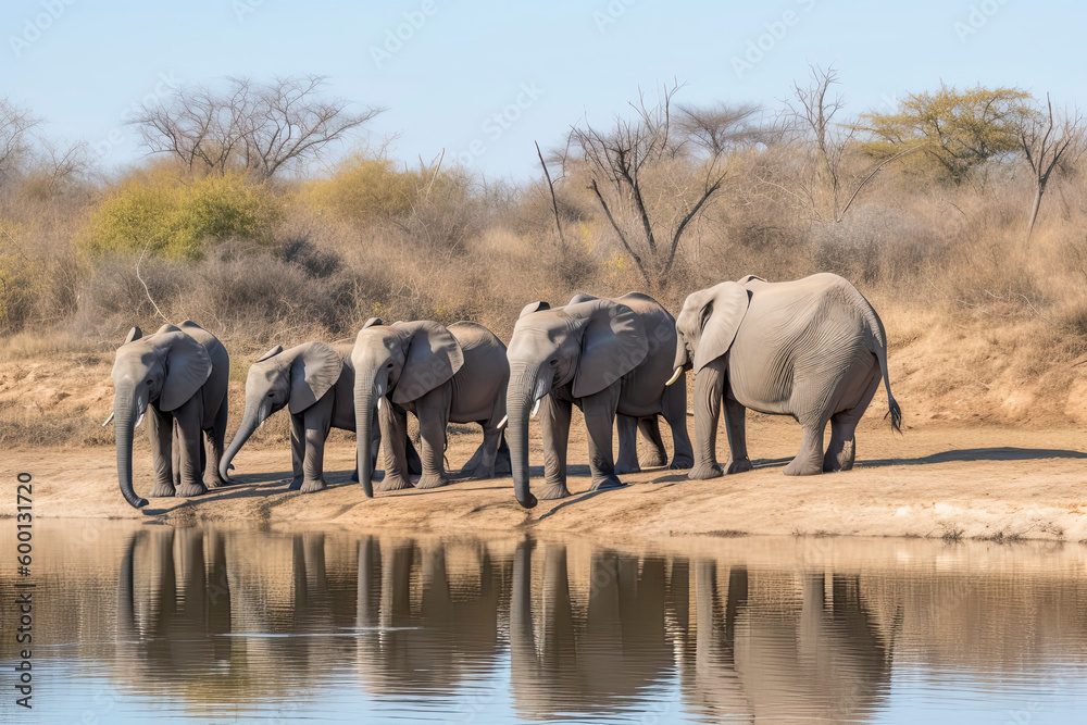 Fototapeta premium Elephant herd walking on dam wall with some already drinking water down below female