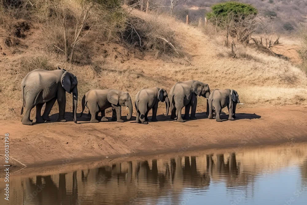 Fototapeta premium Elephant herd walking on dam wall with some already drinking water down below female