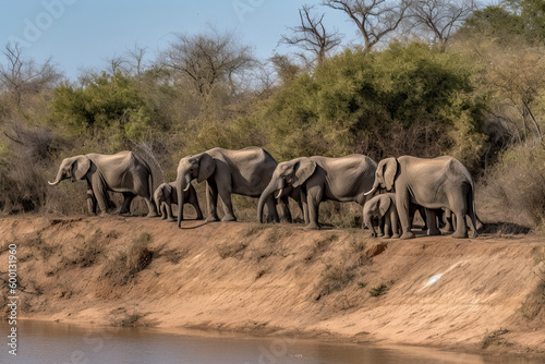 Elephant herd walking on dam wall with some already drinking water down below female