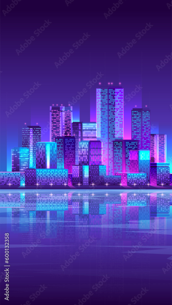 River view on night glowing metropolis background