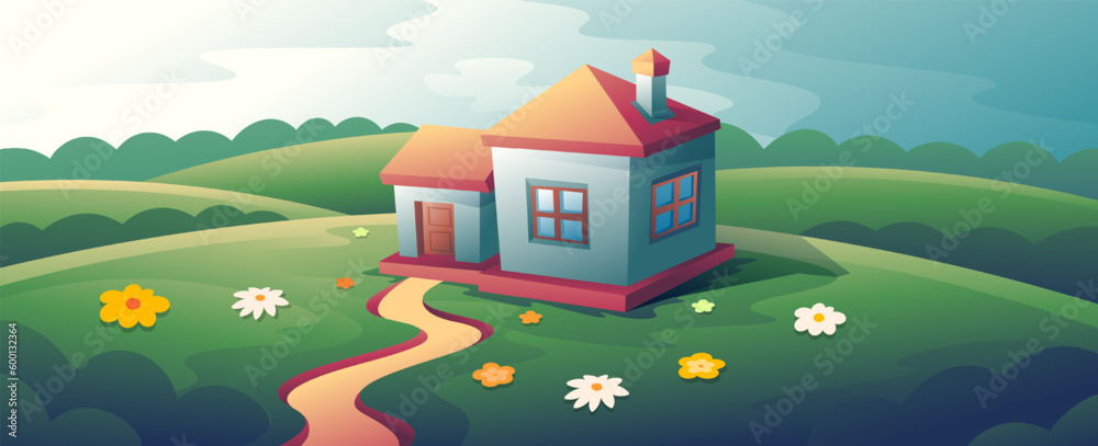 Cute country house on green field background. Spring suburb illustration.