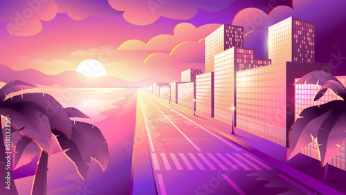 Evening street view. City Beach on sunset background.