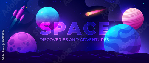 Wide banner with cartoon space objects. Illustration of a mountain range against the background of colorful planets