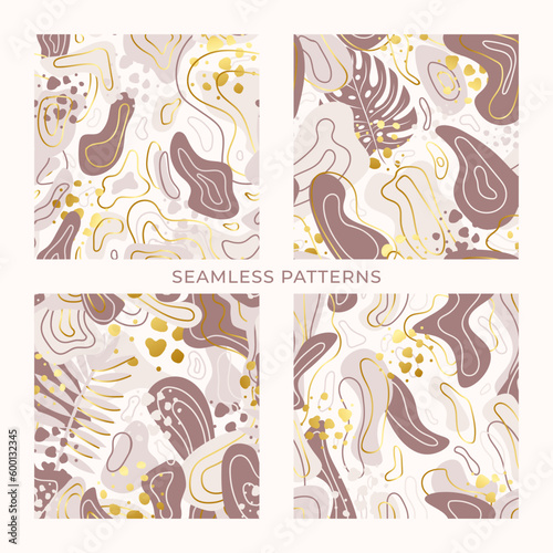 Vector abstract trendy seamless patterns set. Wavy shapes  lines and dots in pastel colors.