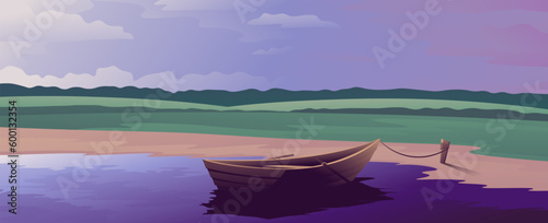 Fishing boat stands on the shore on green field background.