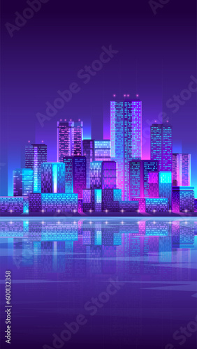 River view on night glowing metropolis background