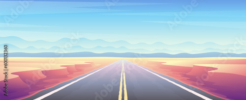 Desert empty automobile road through sandy canyon. Heat colorful horizontal illustration.