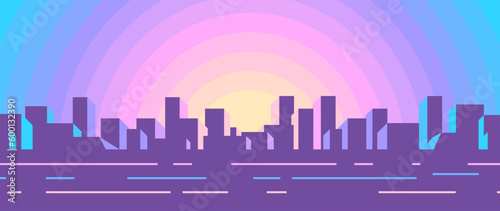 Creative abstract city in evening on sunset background. Bright flat horizontal illustration of the urban environment.