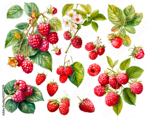Watercolor painting of a Raspberries  fruit set isolated on white background. Cut out PNG illustration on transparent background. AI Generative.