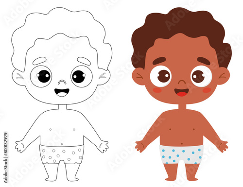 Cute cartoon black ethnic kid boy in shorts. Outline drawing coloring book and color drawing. Vector illustration. Childrens collection. Isolated funny kids on white background.