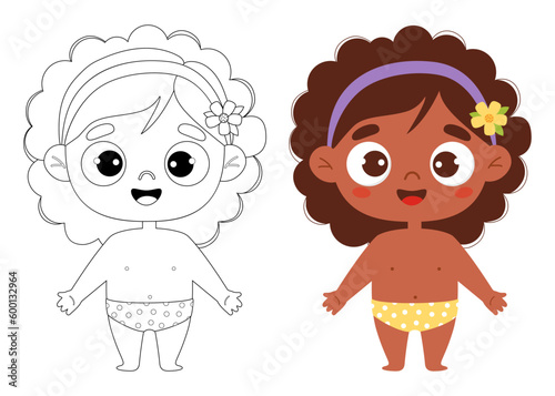 Cute cartoon smiling black ethnic kid girl in shorts. Outline drawing coloring book and color drawing. Vector illustration. Childrens collection. Isolated funny kids on white background.