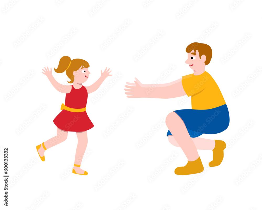 Happy fathers day card. Cute girl runs to her father. Father hugs his daughter. Vector illustration in cartoon flat style. Take care fatherhood