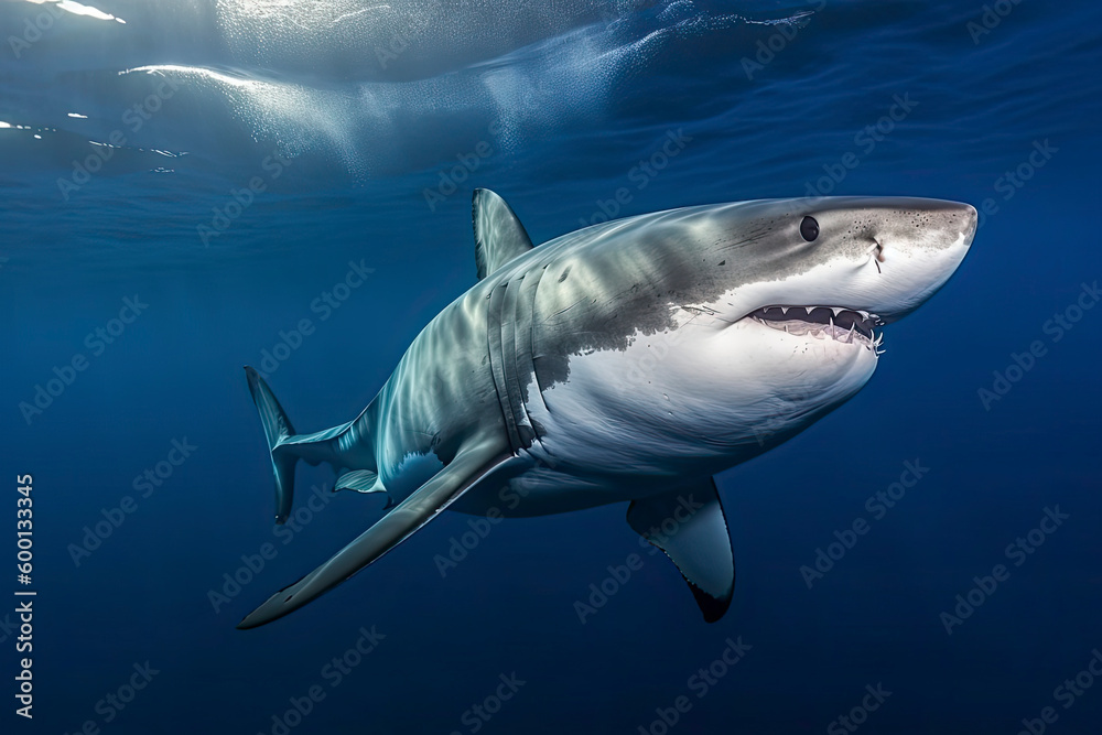 Fototapeta premium Great white shark underwater, hunting and attacking, predator