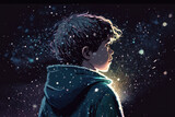illustration of a boy looking at night starry sky with glitter glow galaxy flicker above