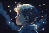 illustration of a boy looking at night starry sky with glitter glow galaxy flicker above