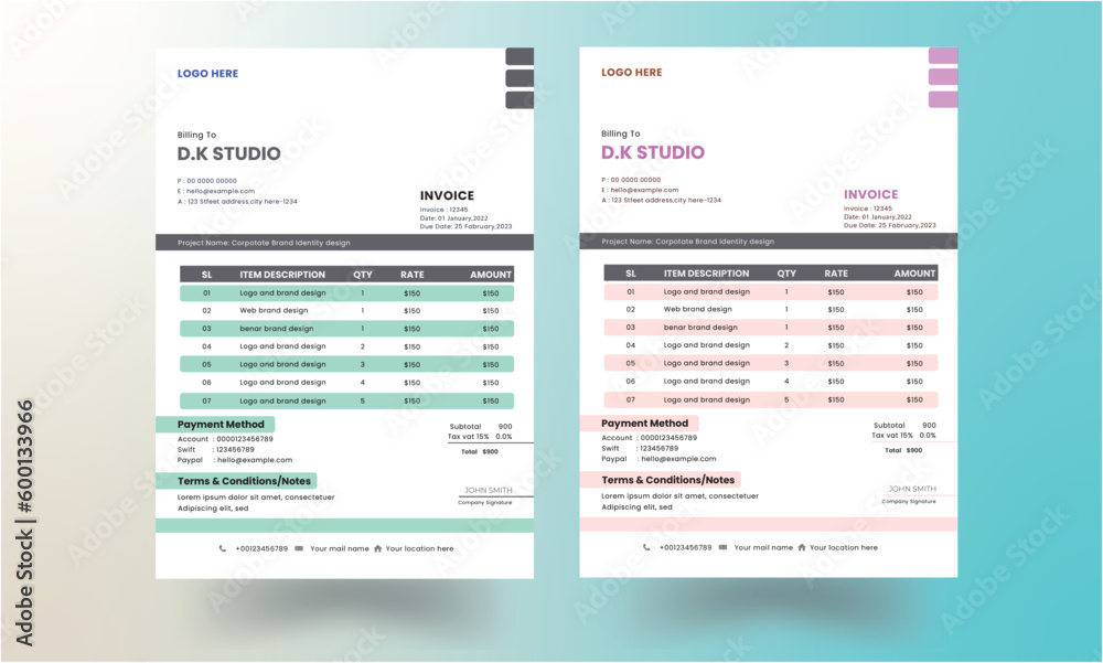 Modern and creative invoice layout Four color variation invoice design for your company	
