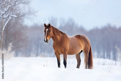 Horse in a snow on winter background. © surassawadee