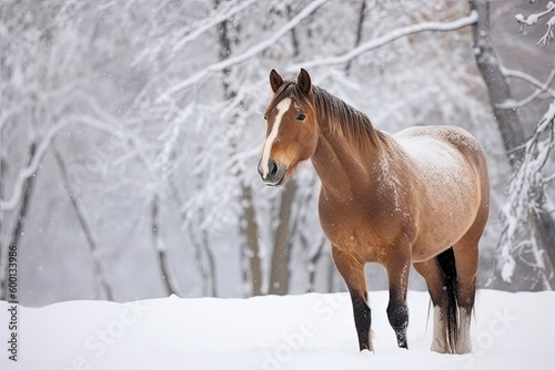 Horse in a snow on winter background.