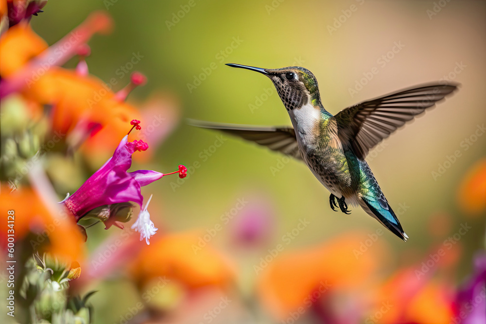 Fototapeta premium Humming bird hovering over colorful, pollen filled flowers