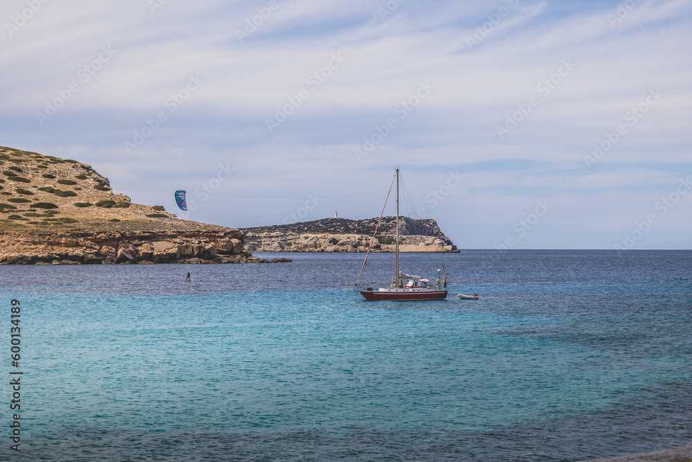 Beautiful sandy Cala Comte beach with azure blue sea water, Ibiza island, Spain Beautiful sandy Cala Comte beach with azure blue sea water, Ibiza island, Spain