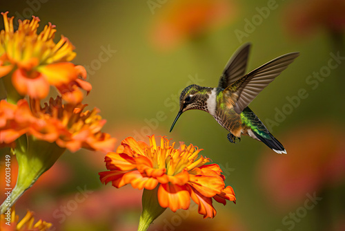 Humming bird hovering over colorful, pollen filled flowers