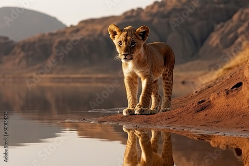 Lion cub looking the reflection of an adult lion in the water on a background of mountains © surassawadee