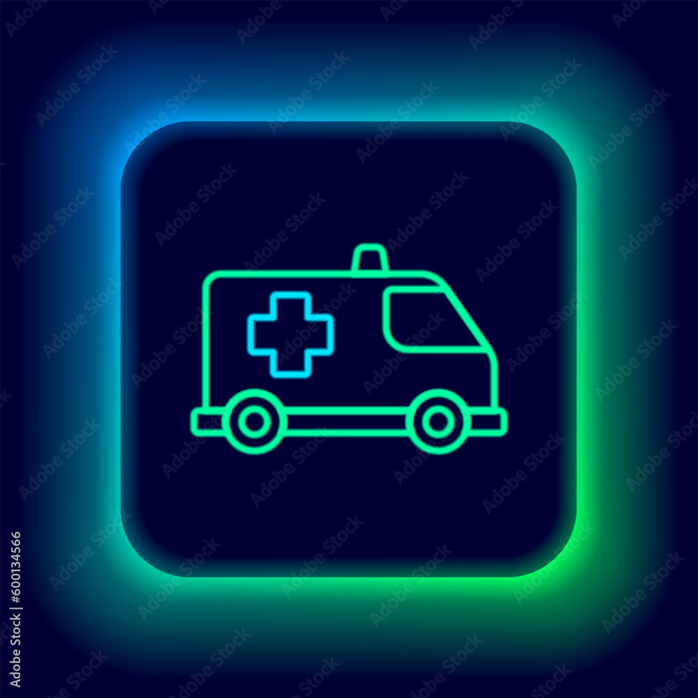 Glowing neon line Ambulance and emergency car icon isolated on black background. Ambulance vehicle medical evacuation. Colorful outline concept. Vector Glowing neon line Ambulance and emergency car icon isolated on black background. Ambulance vehicle medical evacuation. Colorful outline concept. Vector
