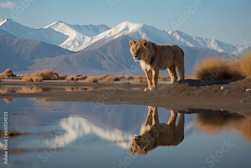 Lion cub looking the reflection of an adult lion in the water on a background of mountains