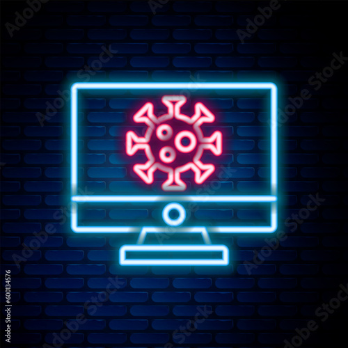 Glowing neon line Virus statistics on monitor icon isolated on brick wall background. Corona virus 2019-nCoV. Bacteria and germs, cell cancer, microbe, fungi. Colorful outline concept. Vector