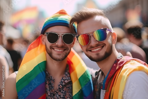 Gay couple holding lgbt rainbow flag on a gay parade Generative AI