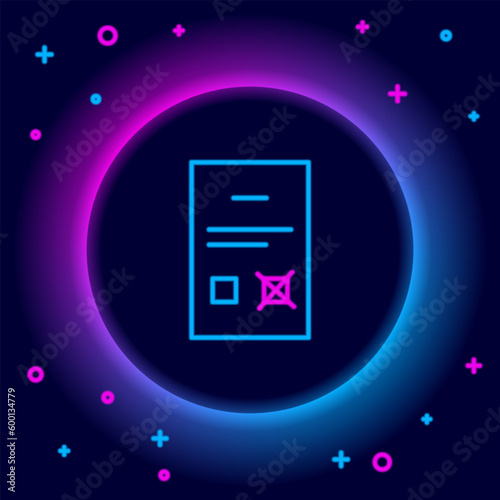 Glowing neon line Poll document icon isolated on black background. Colorful outline concept. Vector