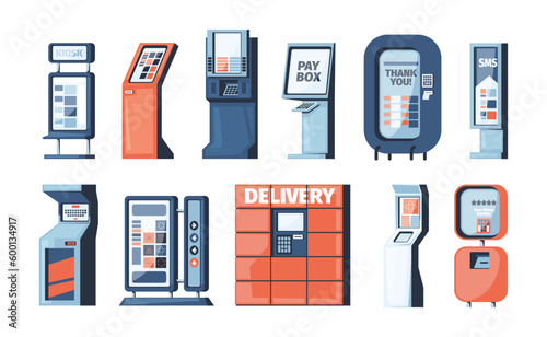 Ticket kiosk. Credit payment machine, atm stand, vending snack kiosk, money terminal and commercial machine freestanding design. Vector cartoon set. Automated paying, equipment for parcels storage