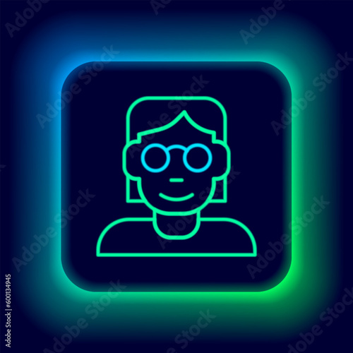 Glowing neon line Hacker or coder icon isolated on black background. Programmer developer working on code, coding, testing, debugging, analysing. Colorful outline concept. Vector