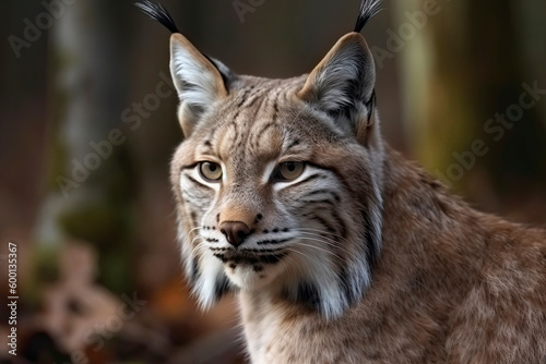 Lynx looks with predatory eyes from the shelter, hidden in the forest while walking © surassawadee