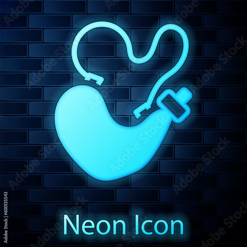 Glowing neon Spanish wineskin icon isolated on brick wall background. Vector