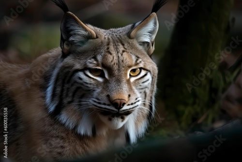 Lynx looks with predatory eyes from the shelter, hidden in the forest while walking © surassawadee