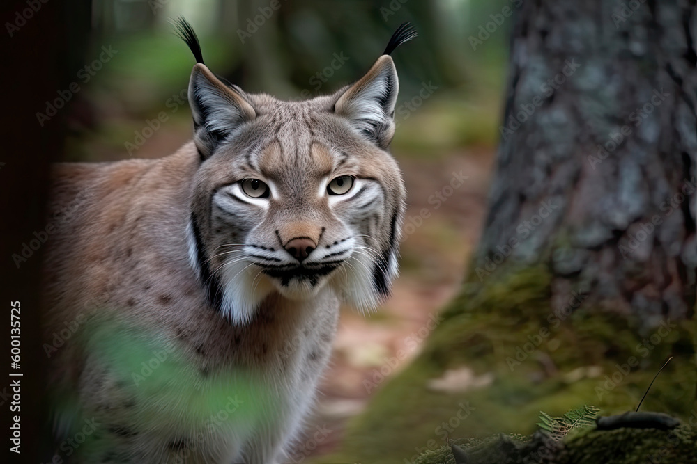Lynx looks with predatory eyes from the shelter, hidden in the forest while walking Lynx looks with predatory eyes from the shelter, hidden in the forest while walking
