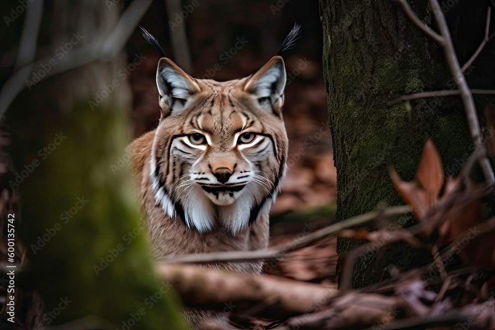 Lynx looks with predatory eyes from the shelter, hidden in the forest while walking Lynx looks with predatory eyes from the shelter, hidden in the forest while walking