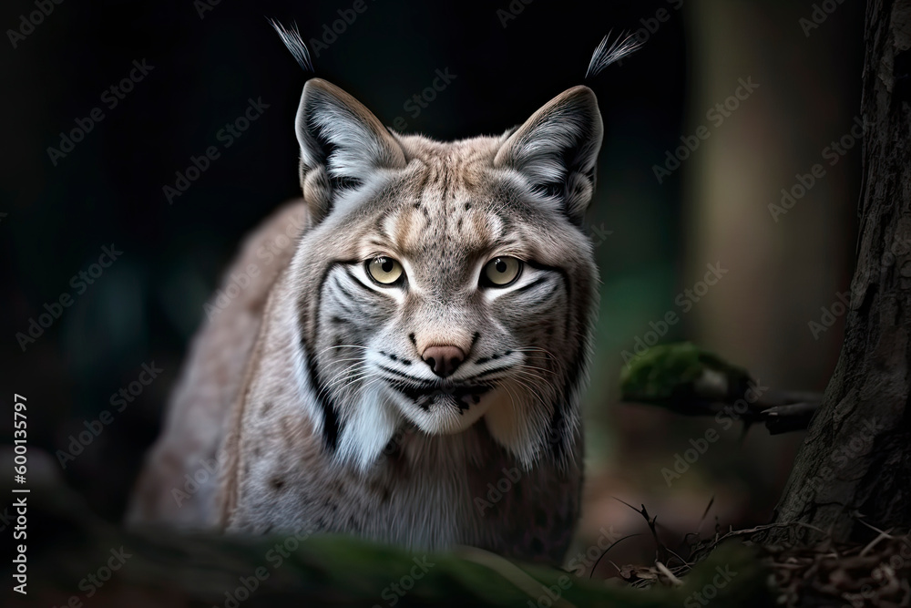Lynx looks with predatory eyes from the shelter, hidden in the forest while walking Lynx looks with predatory eyes from the shelter, hidden in the forest while walking